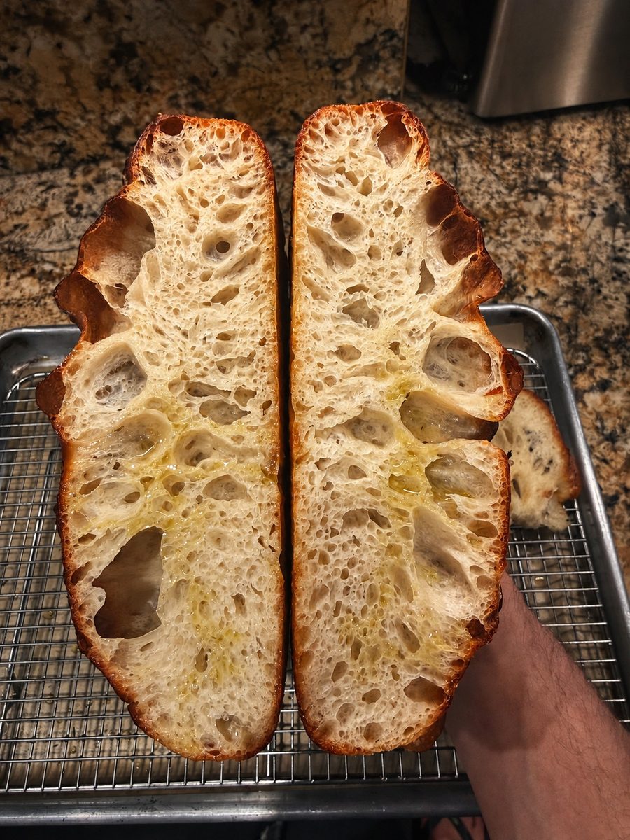 Fresh-cut sourdough with an open, glossy crumb